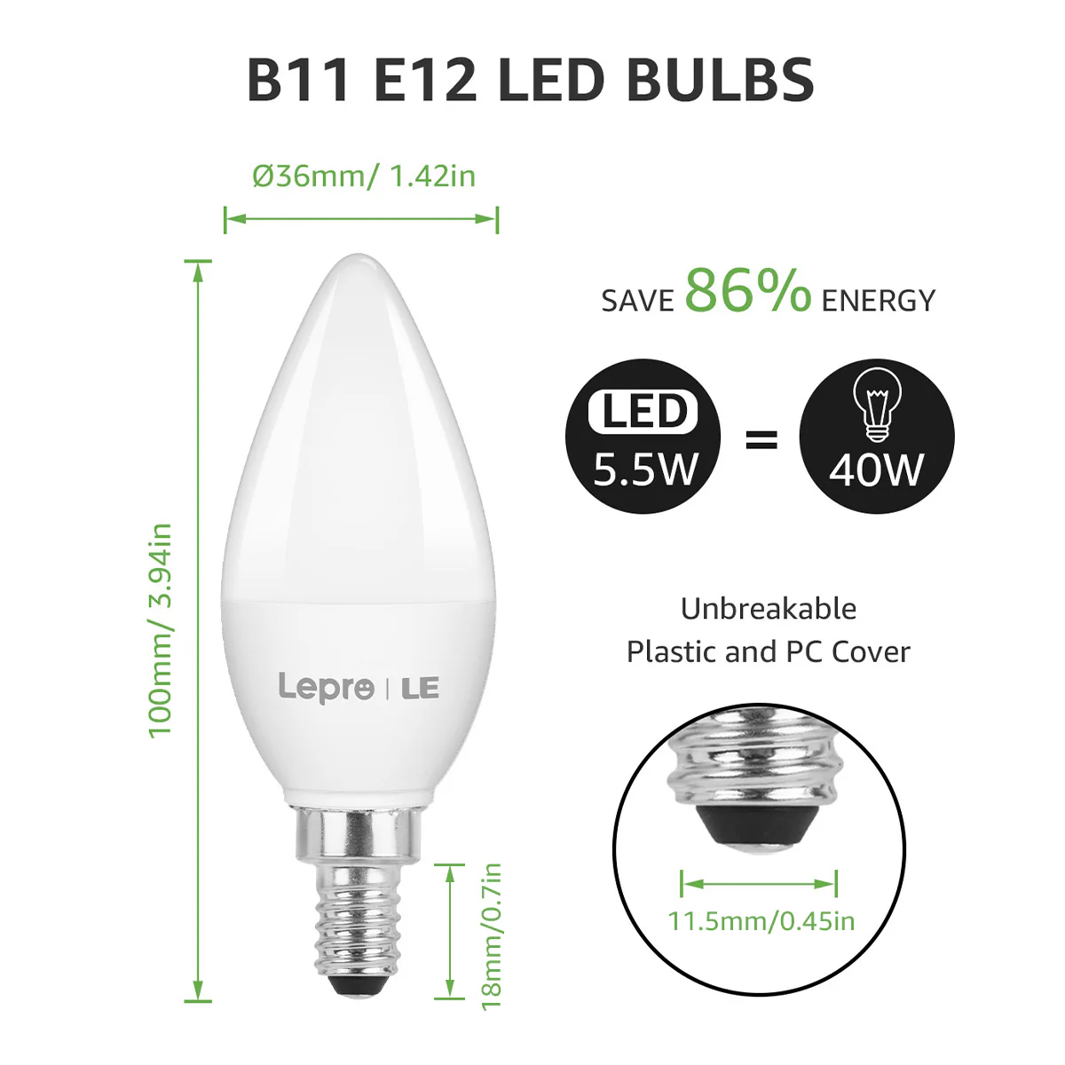 Lepro B11 LED Candelabra Bulbs, E12 Base, 5.5W (40W Equivalent), 500 Lumens, 5000K Daylight, Non-Dimmable - Image 6